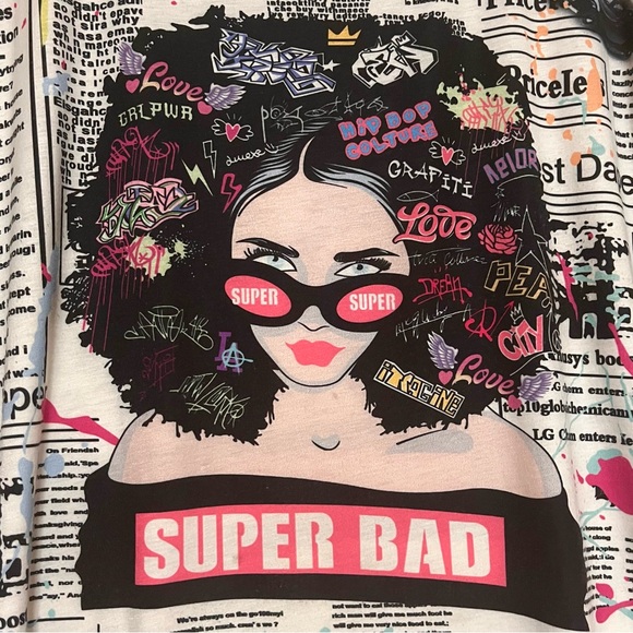 WOWO Boxy Baby Tee Novelty Graphic Print Top Plus SZ 2X XXL Super Bad Newspaper - Picture 3 of 7